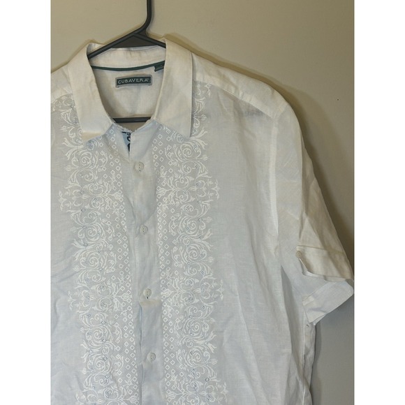 Cubavera Men's Large Shirt White Blue Linen Cotton Blend Button Up Breathable - Picture 1 of 8